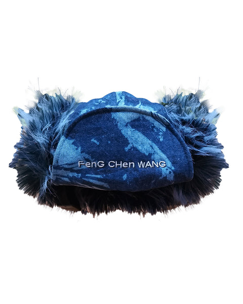 FENG CHEN WANG-NAVY FAUX FUR PHOENIX PATTERN DENIM EARMUFFS CAP-FUF16AC43