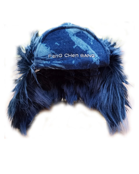 FENG CHEN WANG-NAVY FAUX FUR PHOENIX PATTERN DENIM EARMUFFS CAP-FUF16AC43